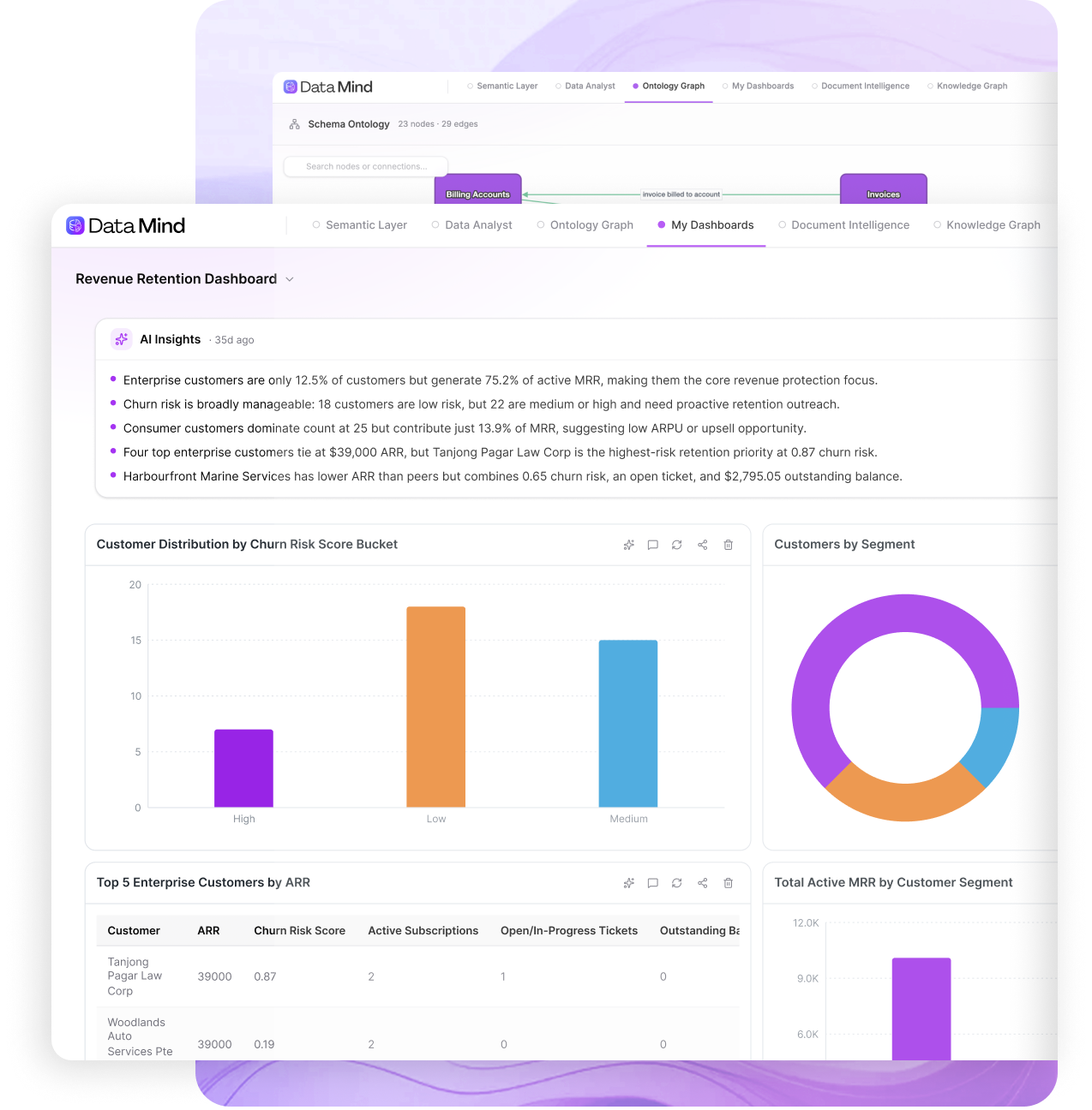 DataMind ontology graph and revenue retention dashboard