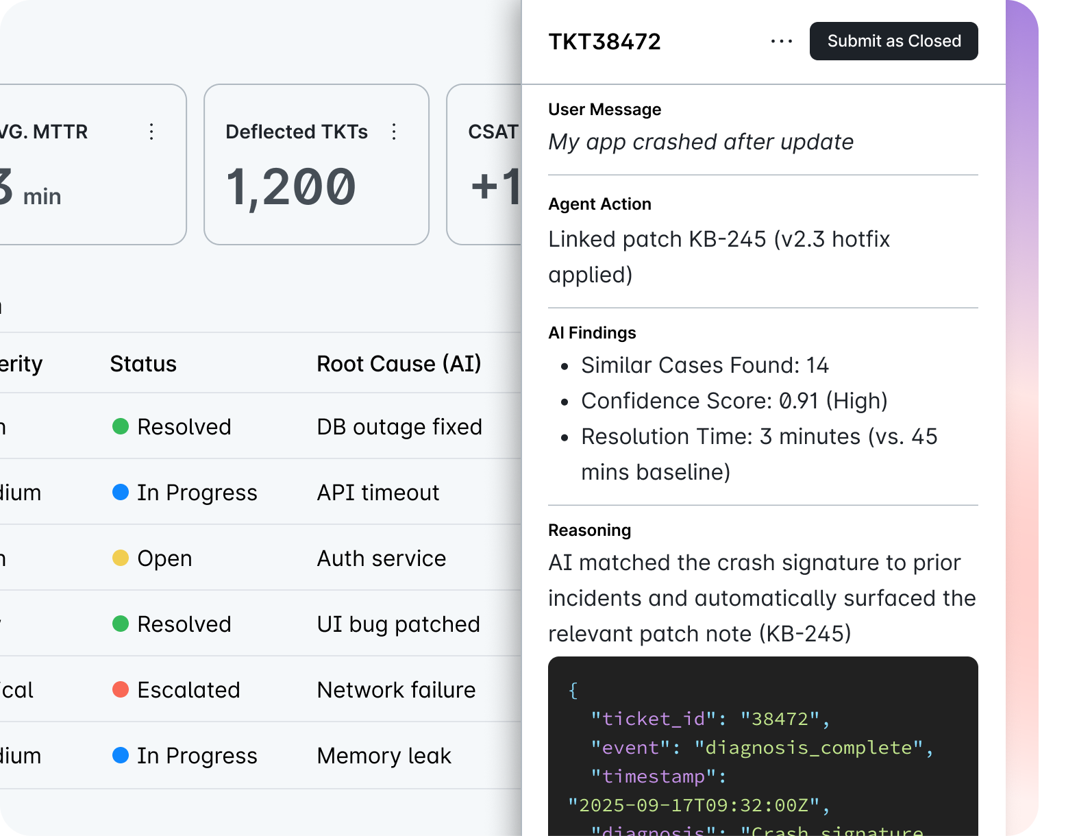 Squid AI's customer support agent resolves an issue, providing research and resoning.